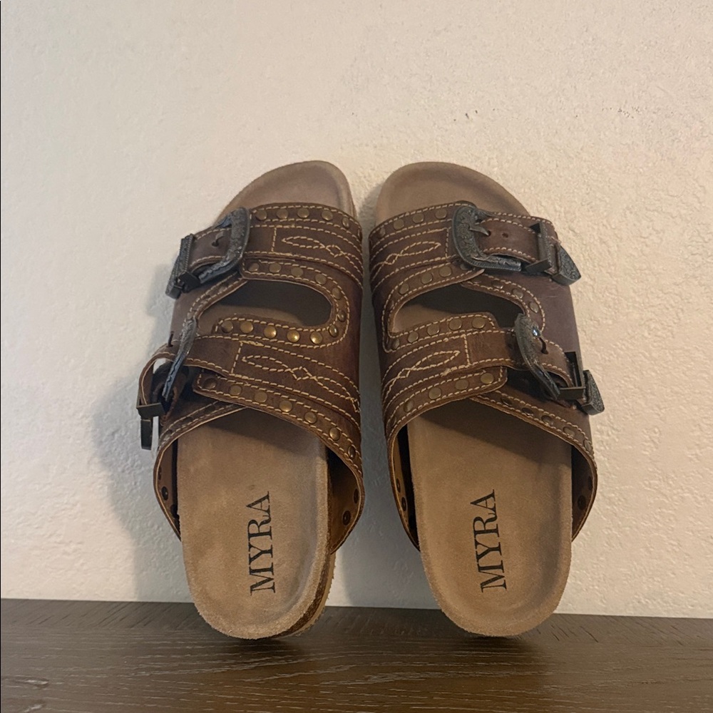 Myra Bag Brown Double Strap Buckle Slide Sandals